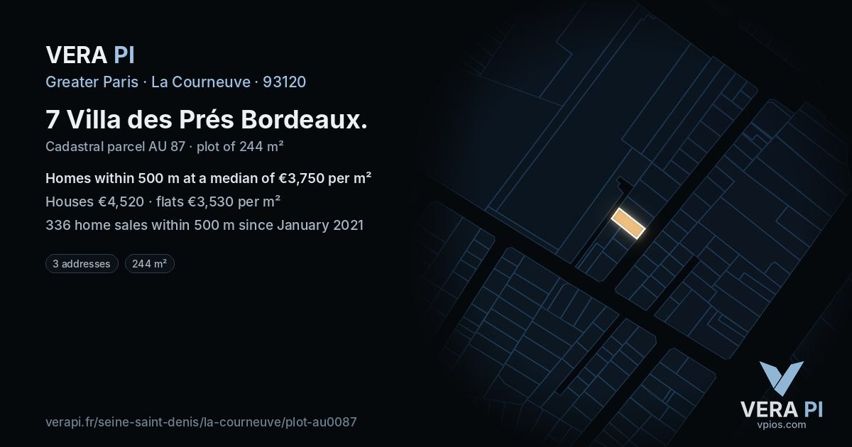 7 Villa des Prés Bordeaux, La Courneuve at night – the plot lit, the parcels around coloured by the prices near them