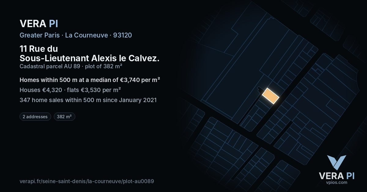 11 Rue du Sous-Lieutenant Alexis le Calvez, La Courneuve at night – the plot lit, the parcels around coloured by the prices near them