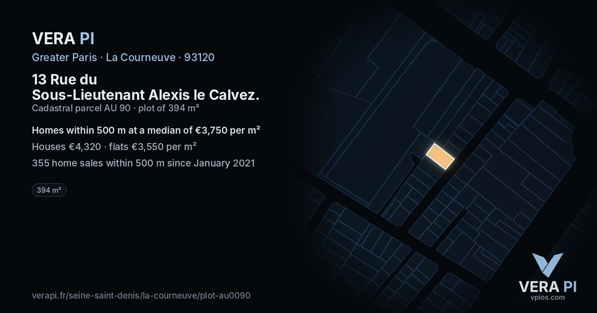13 Rue du Sous-Lieutenant Alexis le Calvez, La Courneuve at night – the plot lit, the parcels around coloured by the prices near them