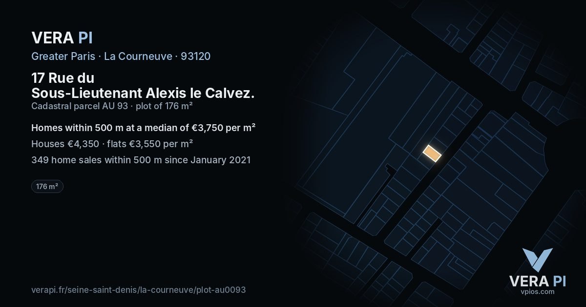 17 Rue du Sous-Lieutenant Alexis le Calvez, La Courneuve at night – the plot lit, the parcels around coloured by the prices near them