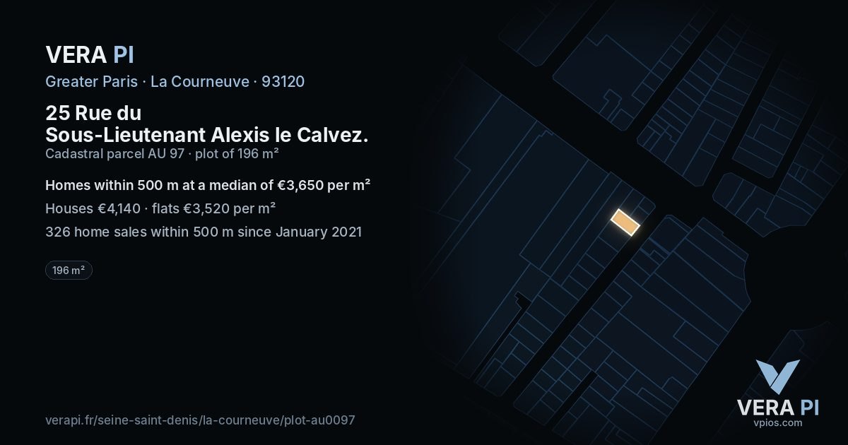 25 Rue du Sous-Lieutenant Alexis le Calvez, La Courneuve at night – the plot lit, the parcels around coloured by the prices near them
