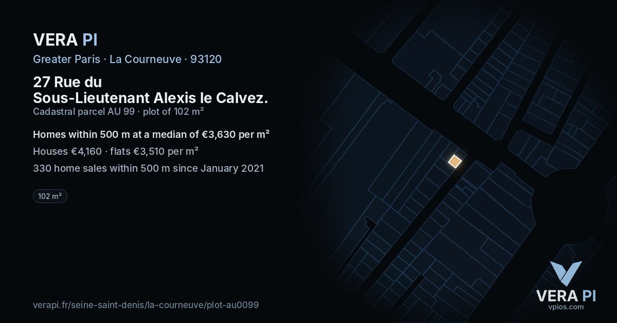 27 Rue du Sous-Lieutenant Alexis le Calvez, La Courneuve at night – the plot lit, the parcels around coloured by the prices near them