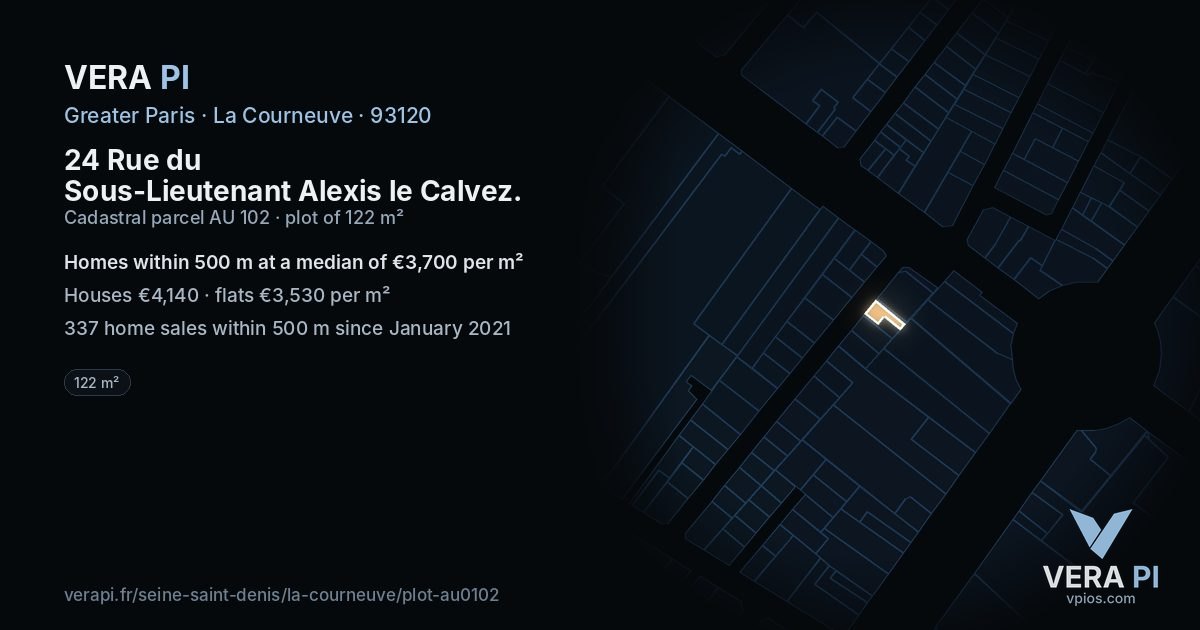 24 Rue du Sous-Lieutenant Alexis le Calvez, La Courneuve at night – the plot lit, the parcels around coloured by the prices near them