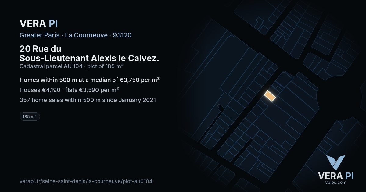 20 Rue du Sous-Lieutenant Alexis le Calvez, La Courneuve at night – the plot lit, the parcels around coloured by the prices near them