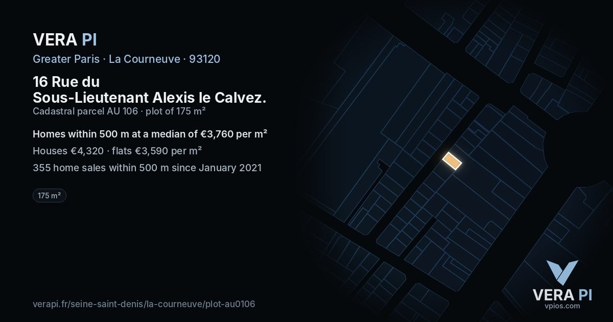 16 Rue du Sous-Lieutenant Alexis le Calvez, La Courneuve at night – the plot lit, the parcels around coloured by the prices near them