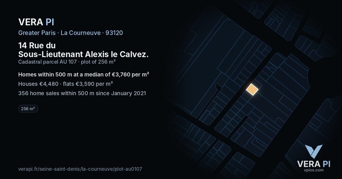 14 Rue du Sous-Lieutenant Alexis le Calvez, La Courneuve at night – the plot lit, the parcels around coloured by the prices near them