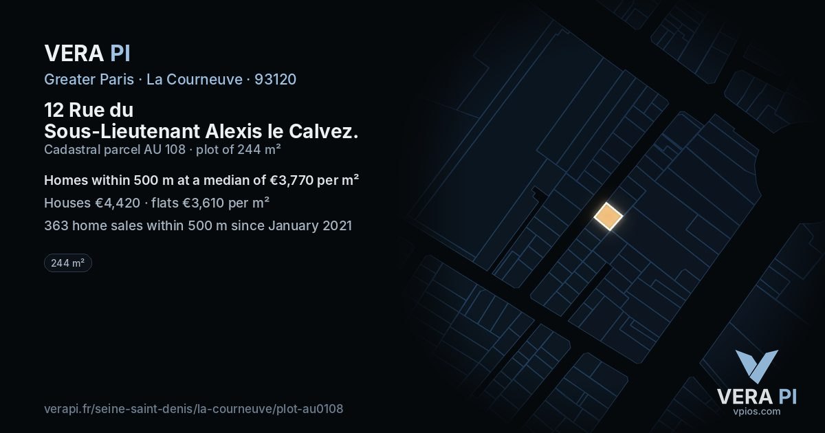 12 Rue du Sous-Lieutenant Alexis le Calvez, La Courneuve at night – the plot lit, the parcels around coloured by the prices near them