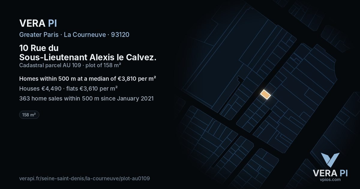 10 Rue du Sous-Lieutenant Alexis le Calvez, La Courneuve at night – the plot lit, the parcels around coloured by the prices near them