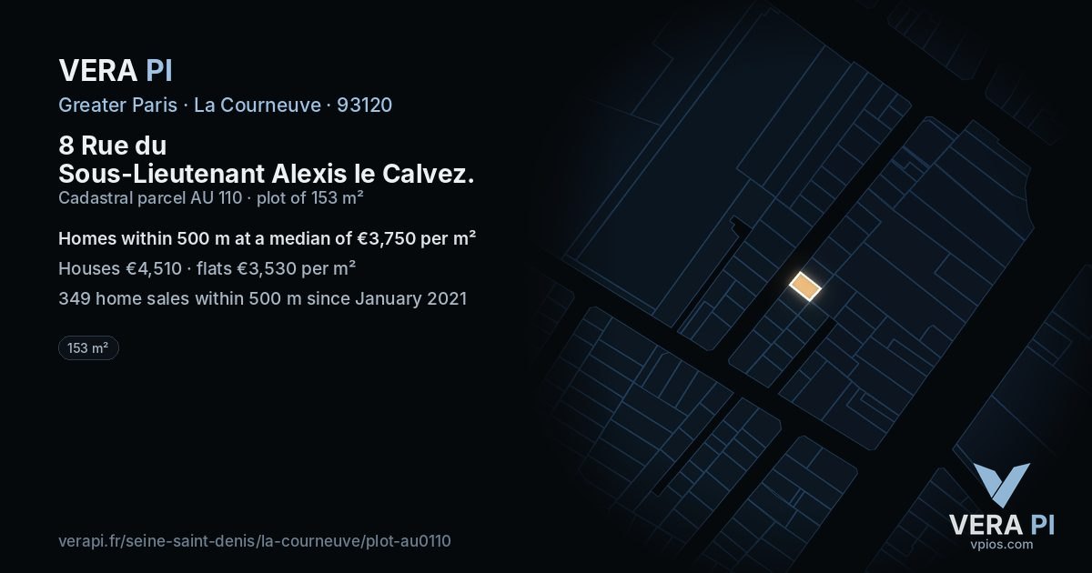 8 Rue du Sous-Lieutenant Alexis le Calvez, La Courneuve at night – the plot lit, the parcels around coloured by the prices near them