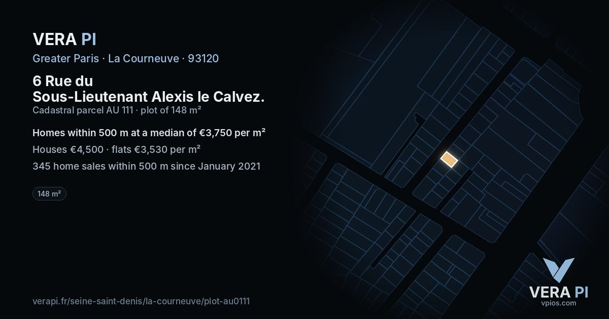 6 Rue du Sous-Lieutenant Alexis le Calvez, La Courneuve at night – the plot lit, the parcels around coloured by the prices near them