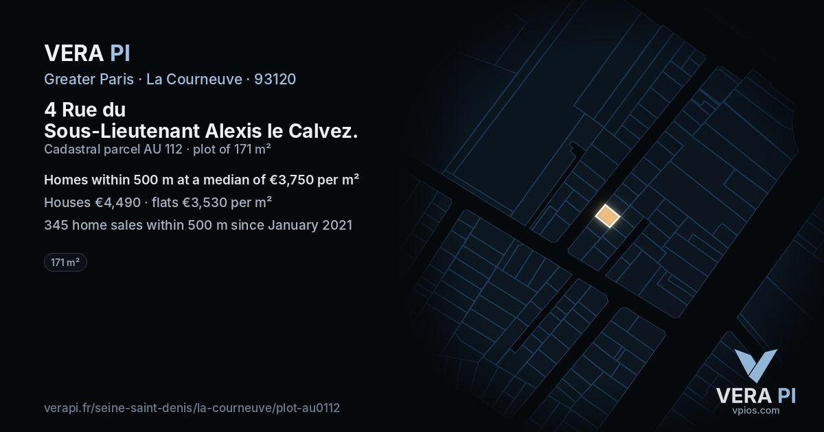 4 Rue du Sous-Lieutenant Alexis le Calvez, La Courneuve at night – the plot lit, the parcels around coloured by the prices near them