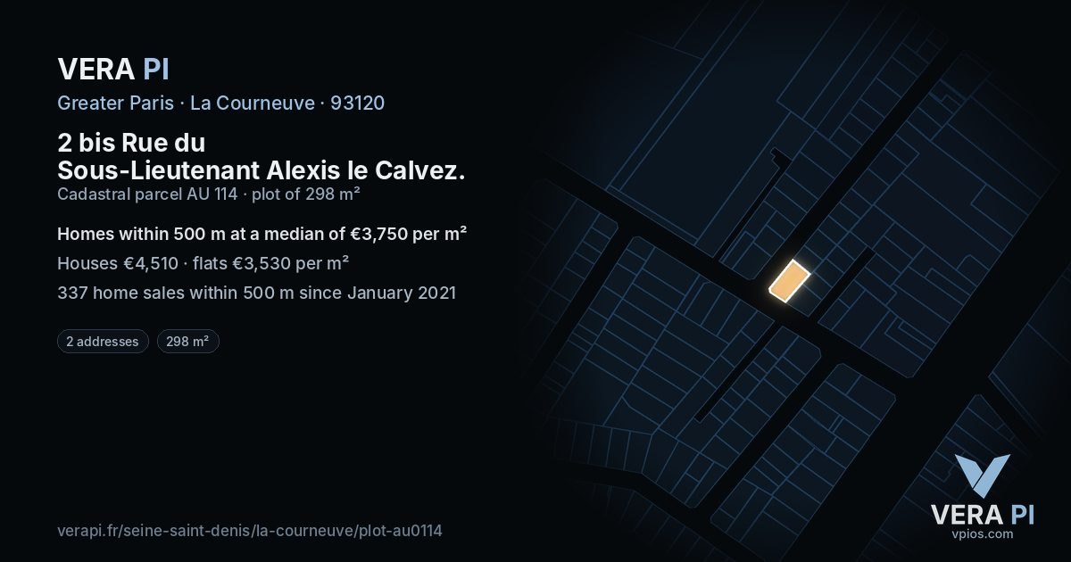 2 bis Rue du Sous-Lieutenant Alexis le Calvez, La Courneuve at night – the plot lit, the parcels around coloured by the prices near them