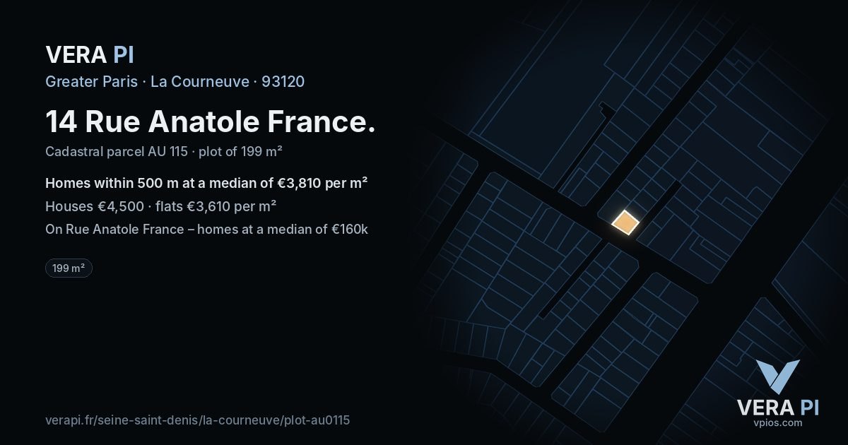 14 Rue Anatole France, La Courneuve at night – the plot lit, the parcels around coloured by the prices near them