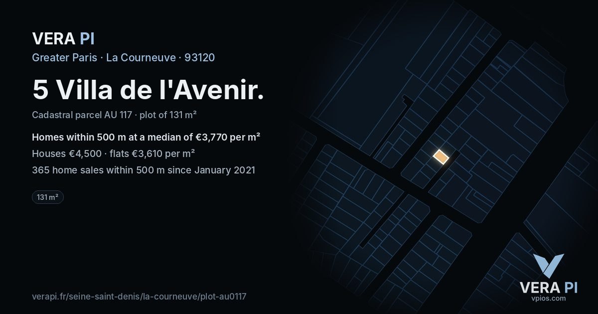 5 Villa de l'Avenir, La Courneuve at night – the plot lit, the parcels around coloured by the prices near them