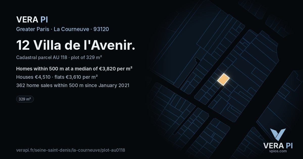 12 Villa de l'Avenir, La Courneuve at night – the plot lit, the parcels around coloured by the prices near them