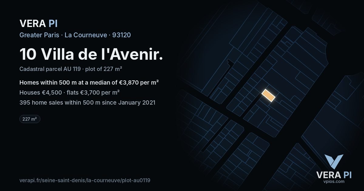 10 Villa de l'Avenir, La Courneuve at night – the plot lit, the parcels around coloured by the prices near them