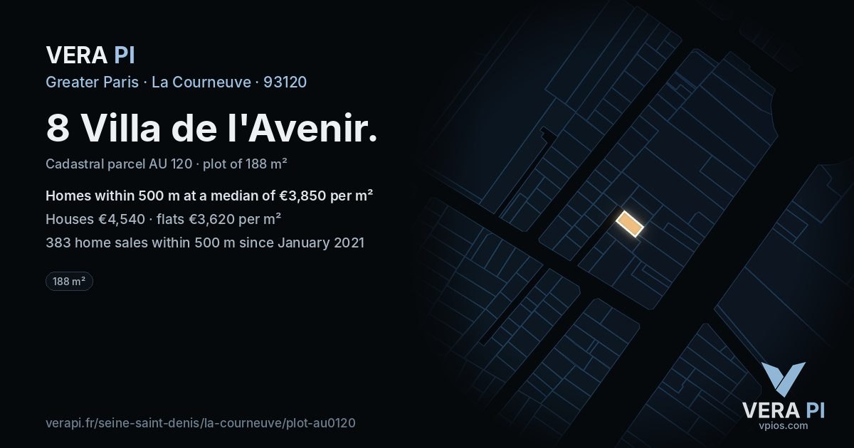 8 Villa de l'Avenir, La Courneuve at night – the plot lit, the parcels around coloured by the prices near them