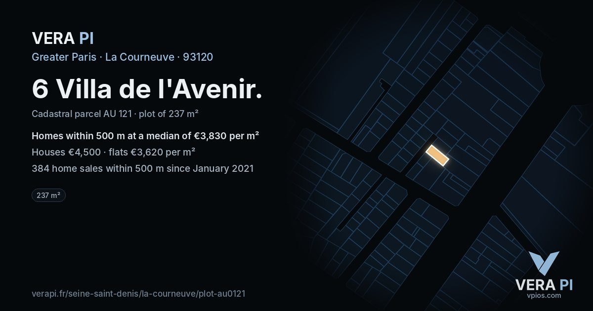 6 Villa de l'Avenir, La Courneuve at night – the plot lit, the parcels around coloured by the prices near them