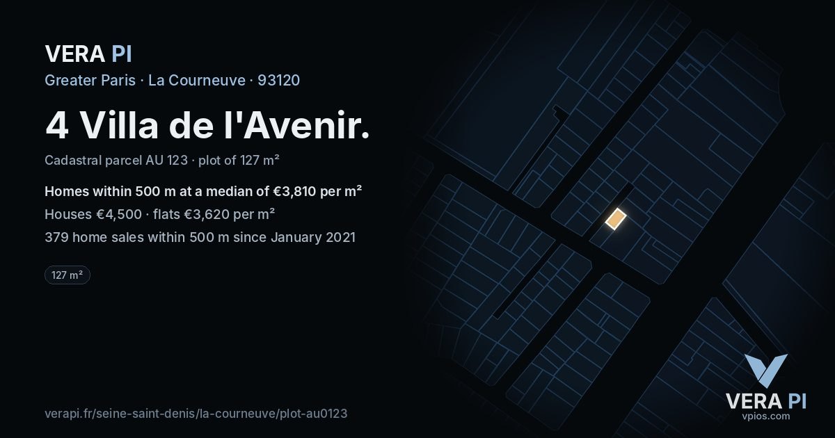 4 Villa de l'Avenir, La Courneuve at night – the plot lit, the parcels around coloured by the prices near them