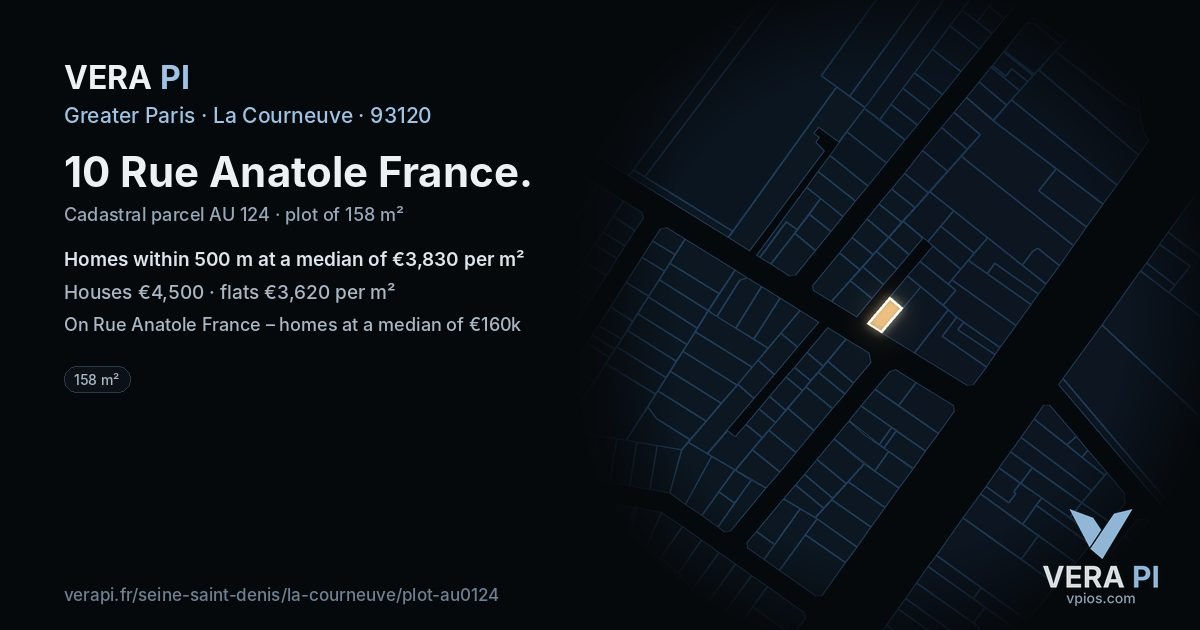 10 Rue Anatole France, La Courneuve at night – the plot lit, the parcels around coloured by the prices near them