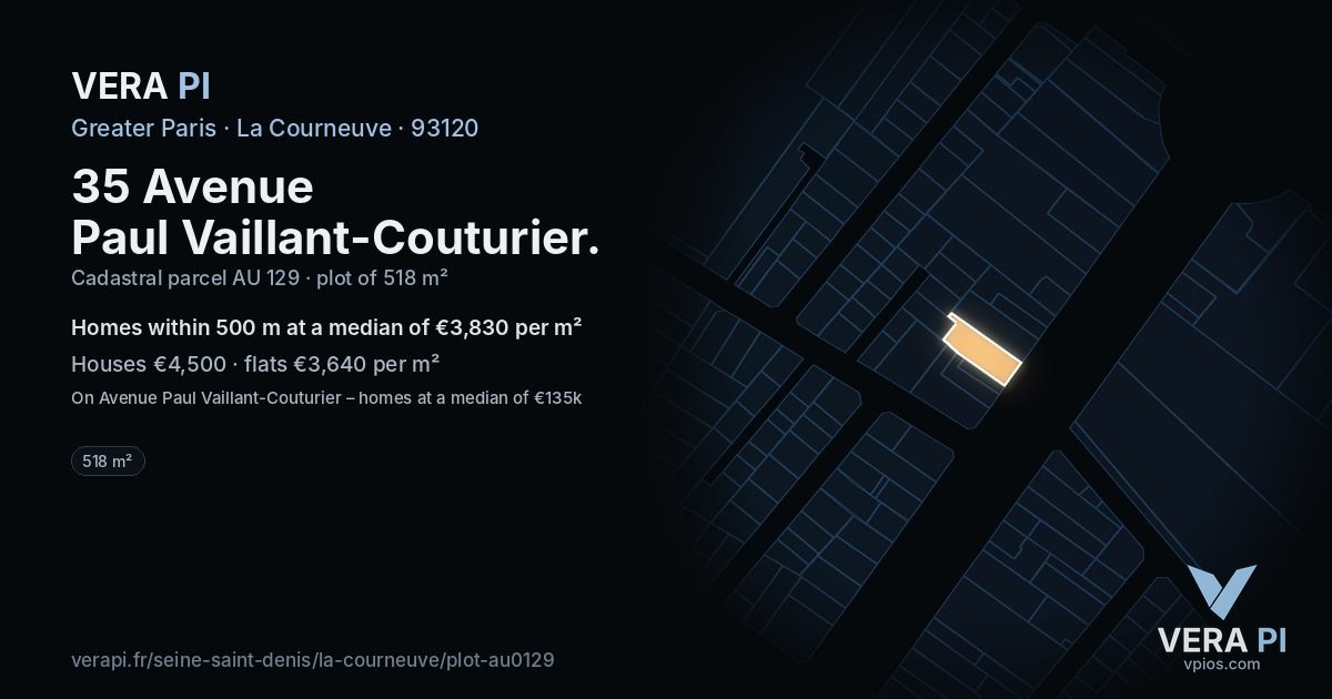 35 Avenue Paul Vaillant-Couturier, La Courneuve at night – the plot lit, the parcels around coloured by the prices near them