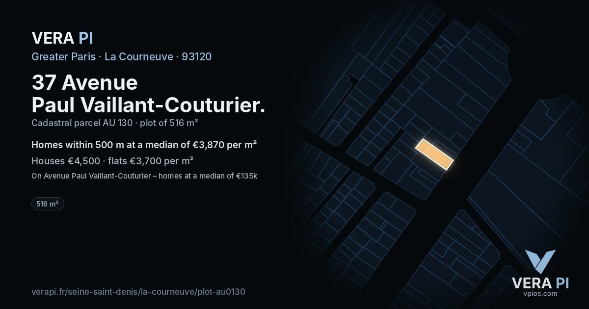 37 Avenue Paul Vaillant-Couturier, La Courneuve at night – the plot lit, the parcels around coloured by the prices near them