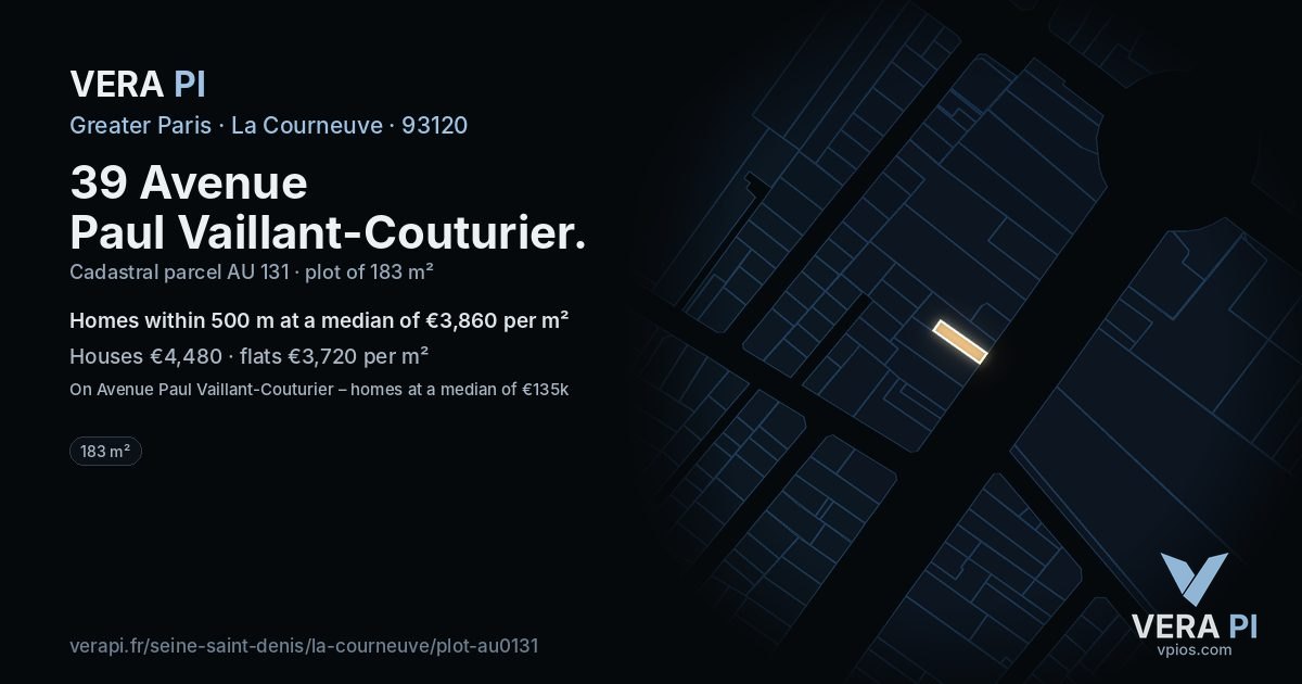 39 Avenue Paul Vaillant-Couturier, La Courneuve at night – the plot lit, the parcels around coloured by the prices near them