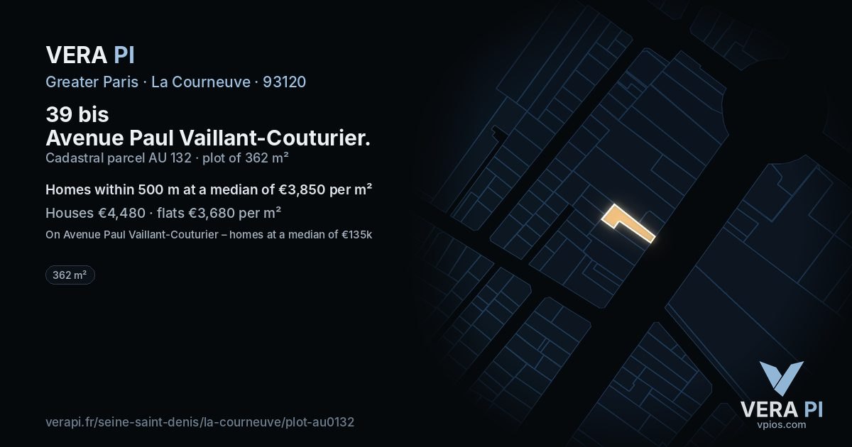39 bis Avenue Paul Vaillant-Couturier, La Courneuve at night – the plot lit, the parcels around coloured by the prices near them