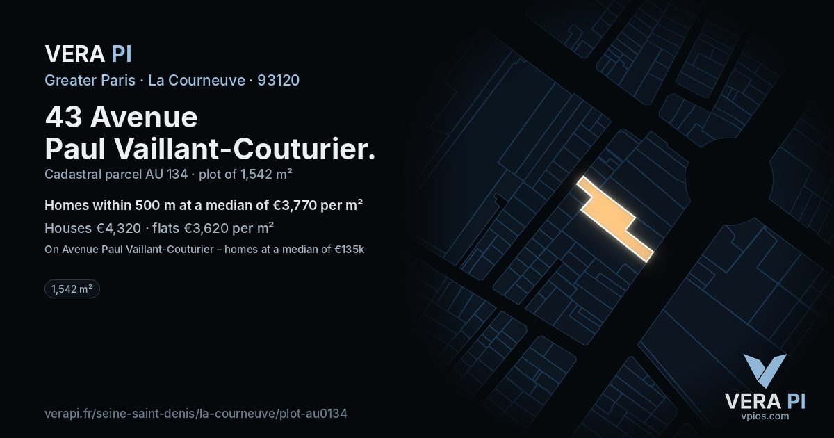 43 Avenue Paul Vaillant-Couturier, La Courneuve at night – the plot lit, the parcels around coloured by the prices near them