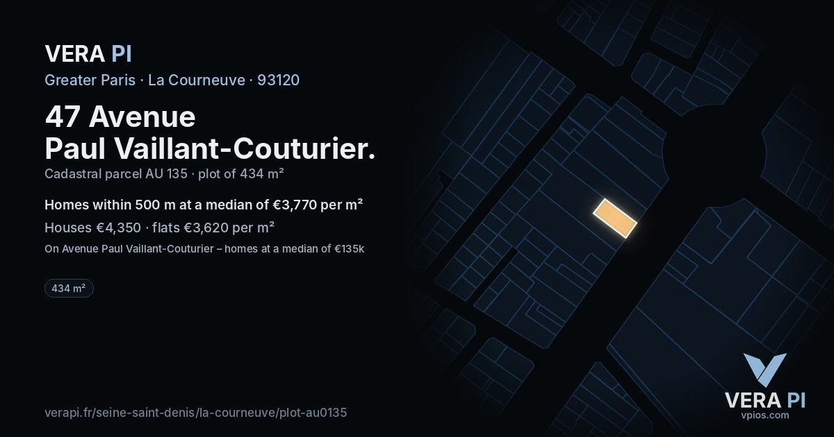 47 Avenue Paul Vaillant-Couturier, La Courneuve at night – the plot lit, the parcels around coloured by the prices near them