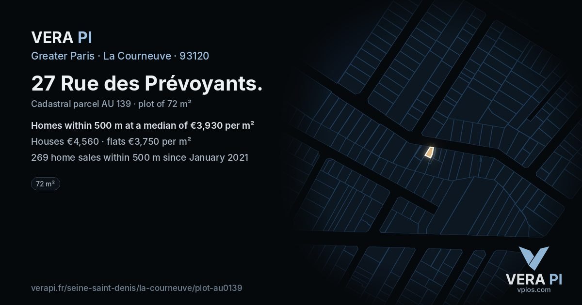 27 Rue des Prévoyants, La Courneuve at night – the plot lit, the parcels around coloured by the prices near them
