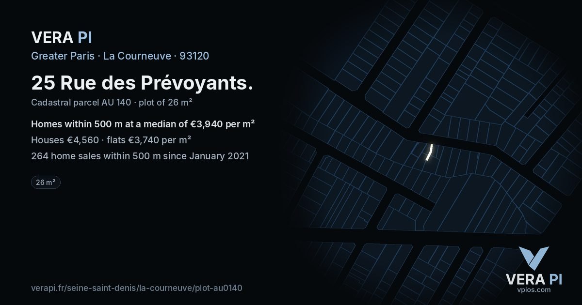 25 Rue des Prévoyants, La Courneuve at night – the plot lit, the parcels around coloured by the prices near them