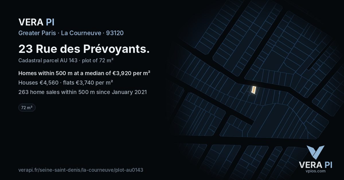 23 Rue des Prévoyants, La Courneuve at night – the plot lit, the parcels around coloured by the prices near them