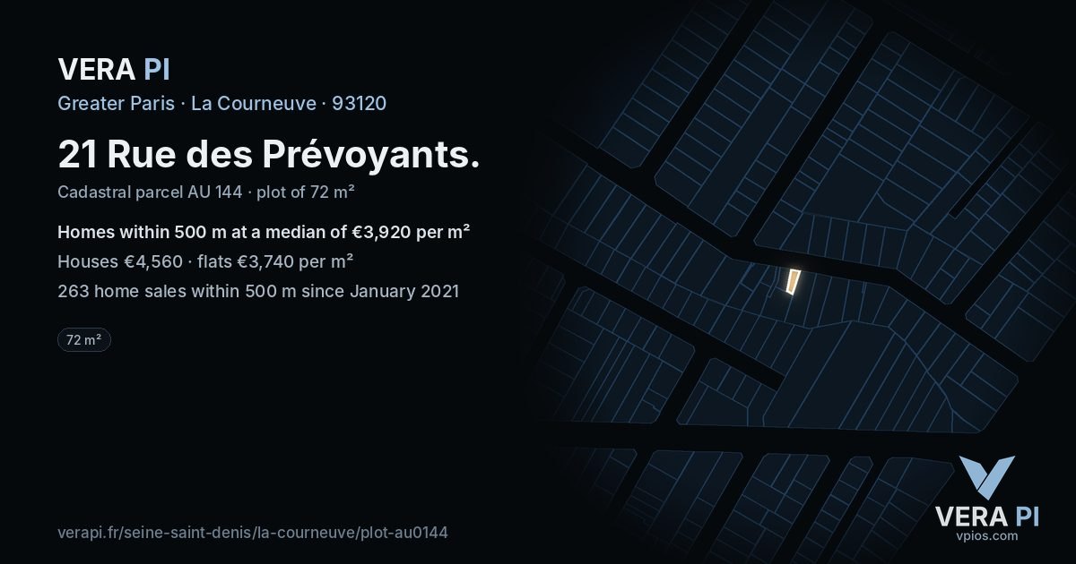 21 Rue des Prévoyants, La Courneuve at night – the plot lit, the parcels around coloured by the prices near them