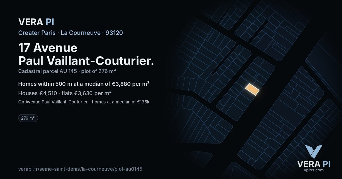 17 Avenue Paul Vaillant-Couturier, La Courneuve at night – the plot lit, the parcels around coloured by the prices near them