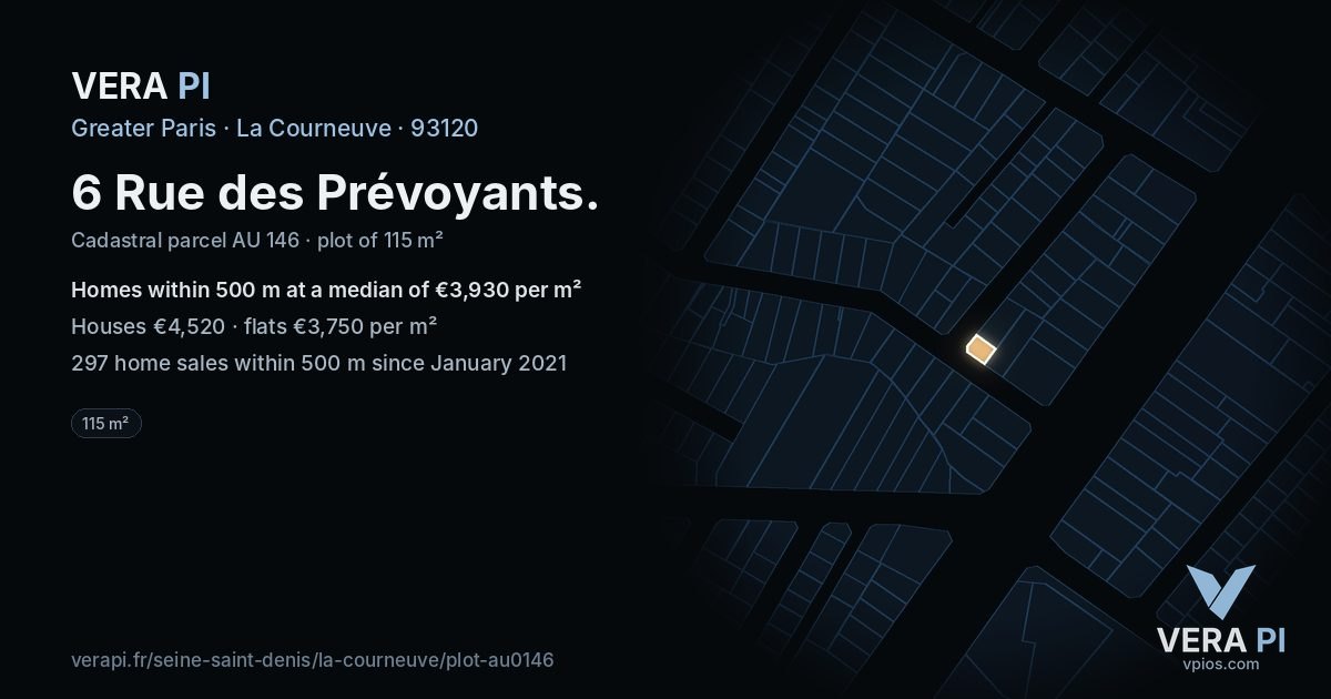 6 Rue des Prévoyants, La Courneuve at night – the plot lit, the parcels around coloured by the prices near them
