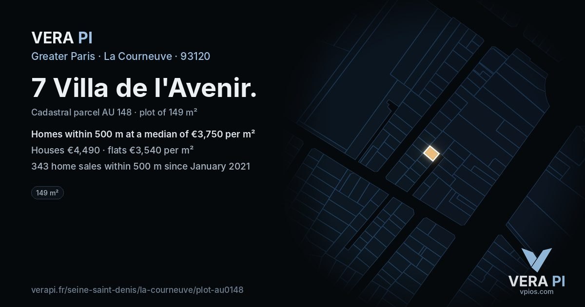 7 Villa de l'Avenir, La Courneuve at night – the plot lit, the parcels around coloured by the prices near them