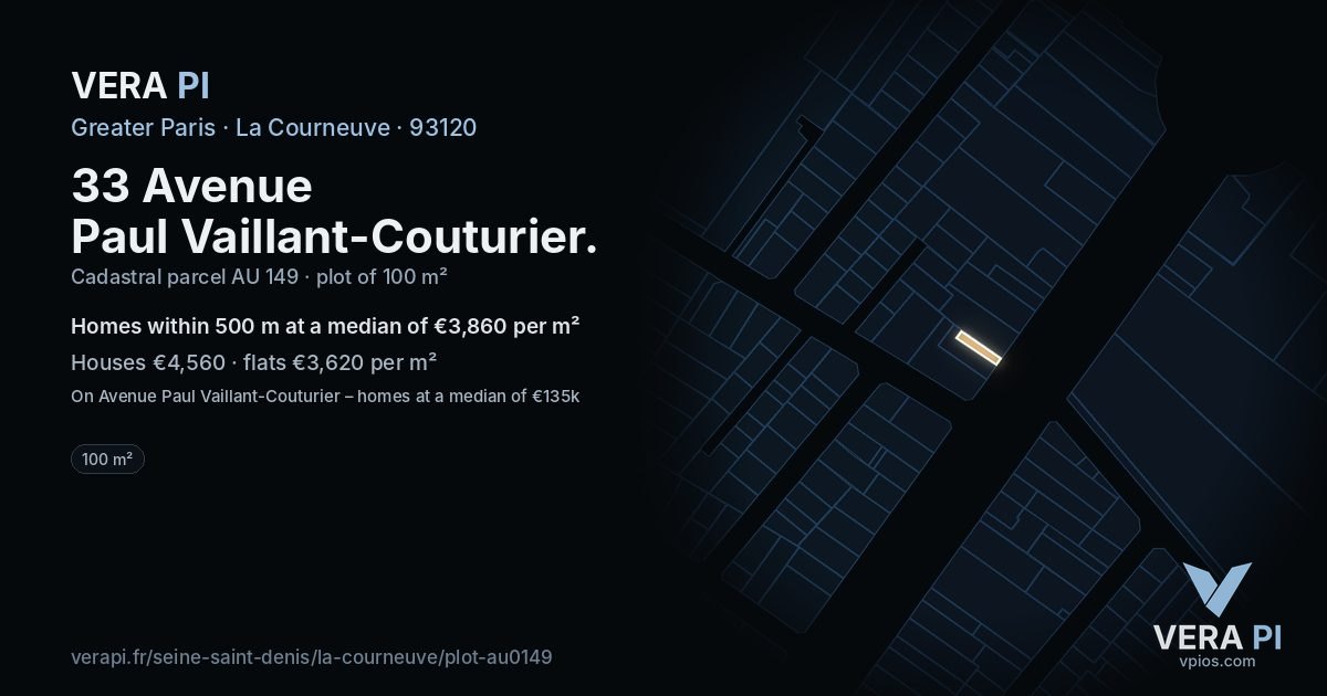 33 Avenue Paul Vaillant-Couturier, La Courneuve at night – the plot lit, the parcels around coloured by the prices near them