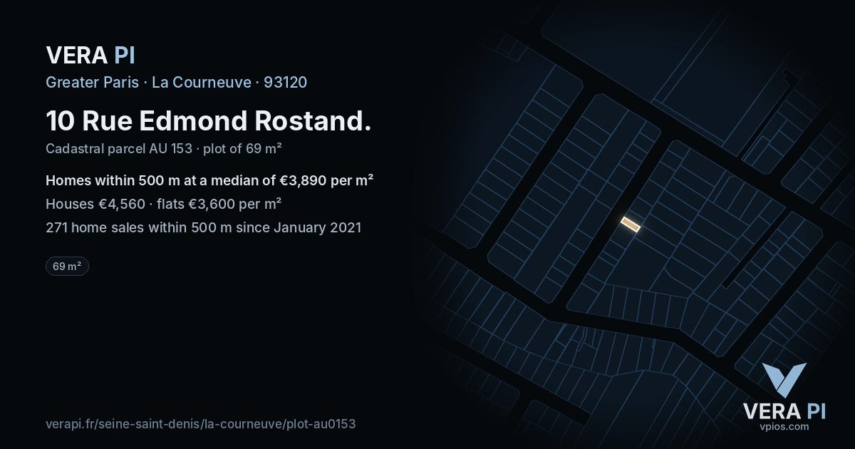 10 Rue Edmond Rostand, La Courneuve at night – the plot lit, the parcels around coloured by the prices near them