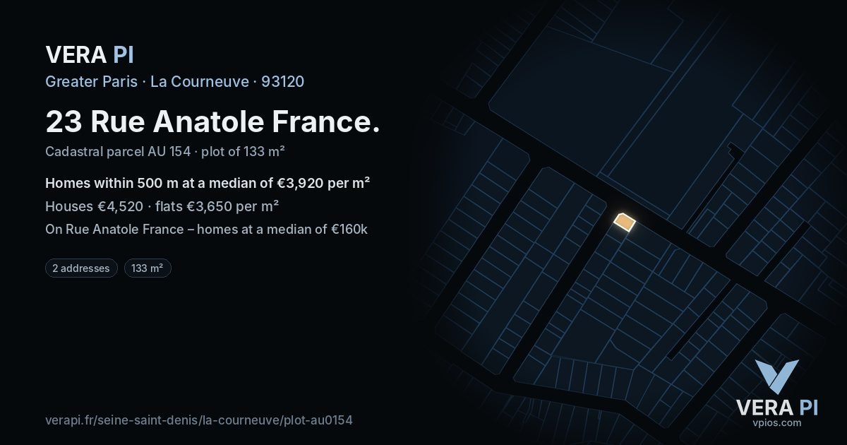 23 Rue Anatole France, La Courneuve at night – the plot lit, the parcels around coloured by the prices near them