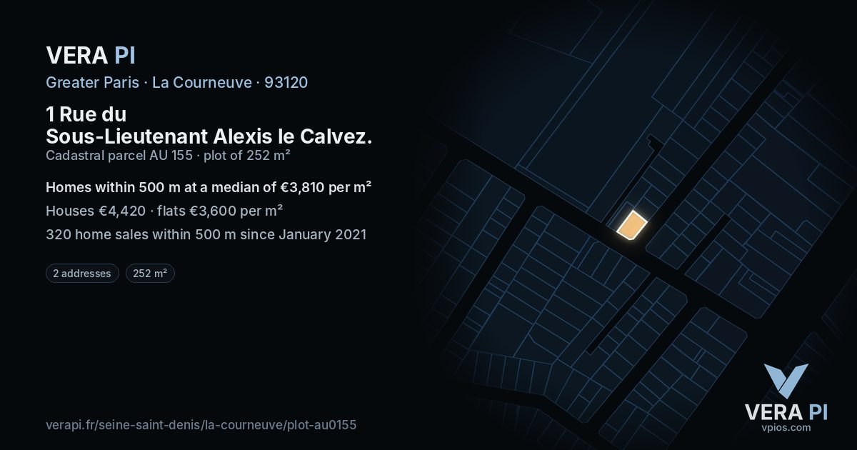 1 Rue du Sous-Lieutenant Alexis le Calvez, La Courneuve at night – the plot lit, the parcels around coloured by the prices near them