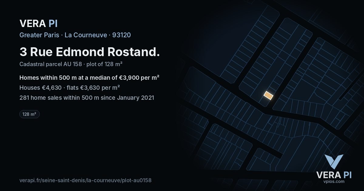 3 Rue Edmond Rostand, La Courneuve at night – the plot lit, the parcels around coloured by the prices near them