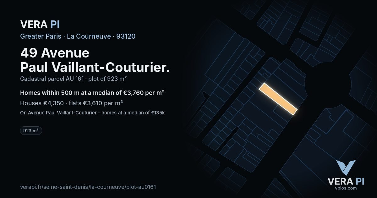 49 Avenue Paul Vaillant-Couturier, La Courneuve at night – the plot lit, the parcels around coloured by the prices near them