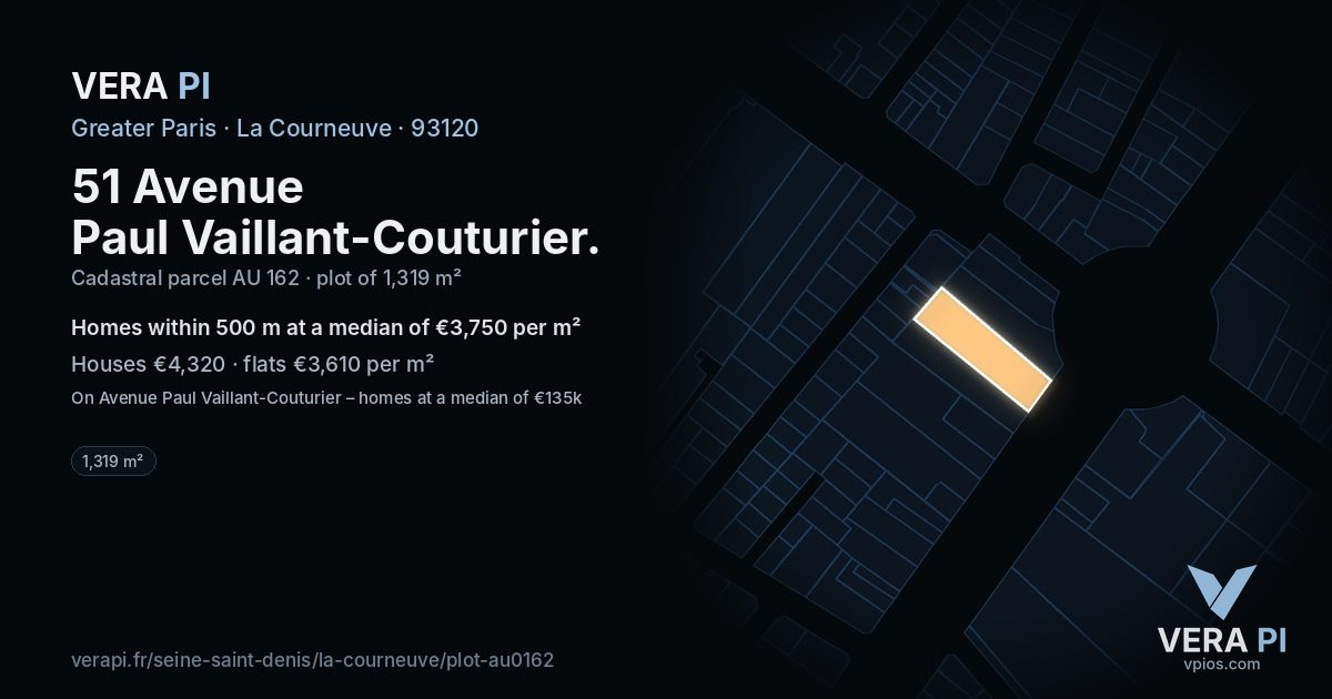 51 Avenue Paul Vaillant-Couturier, La Courneuve at night – the plot lit, the parcels around coloured by the prices near them