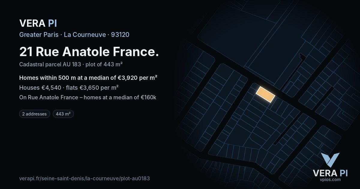 21 Rue Anatole France, La Courneuve at night – the plot lit, the parcels around coloured by the prices near them