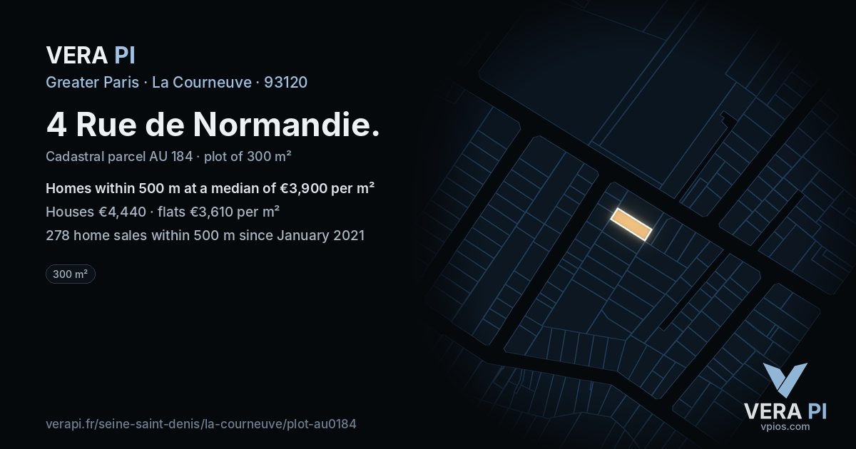 4 Rue de Normandie, La Courneuve at night – the plot lit, the parcels around coloured by the prices near them