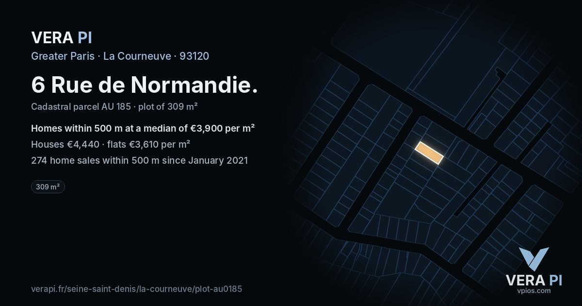 6 Rue de Normandie, La Courneuve at night – the plot lit, the parcels around coloured by the prices near them