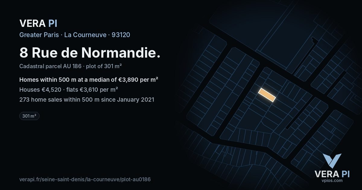 8 Rue de Normandie, La Courneuve at night – the plot lit, the parcels around coloured by the prices near them