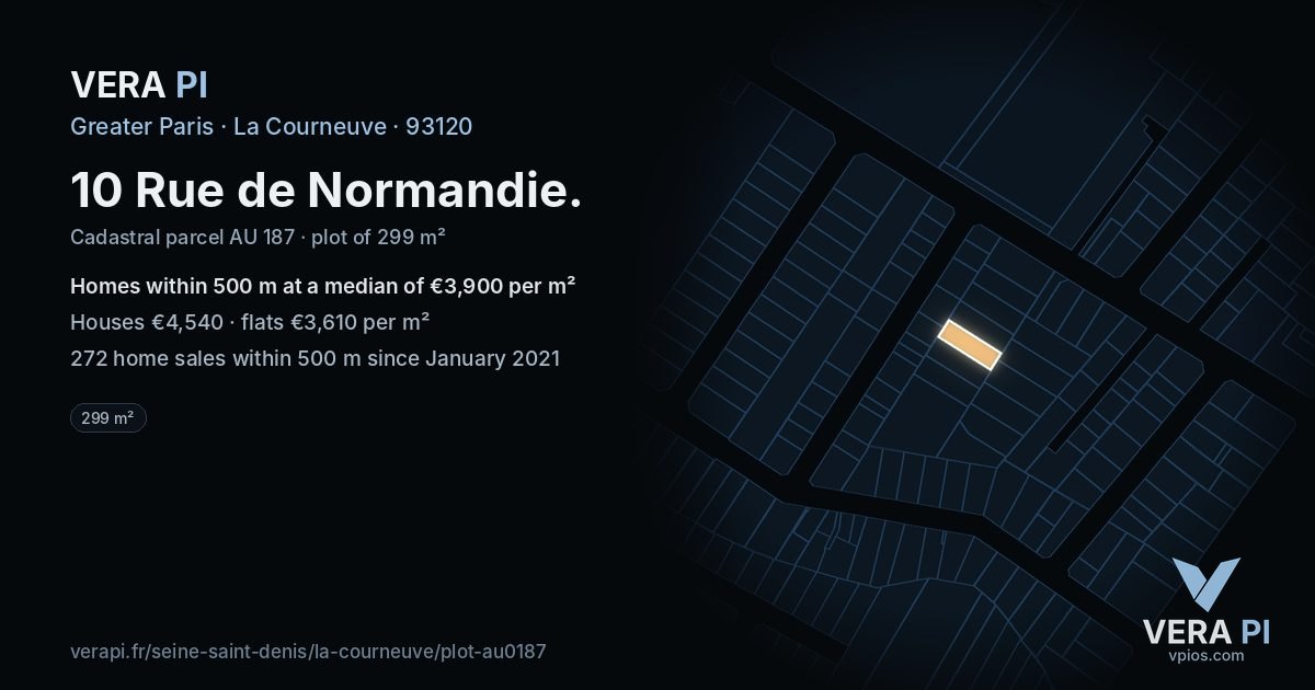 10 Rue de Normandie, La Courneuve at night – the plot lit, the parcels around coloured by the prices near them