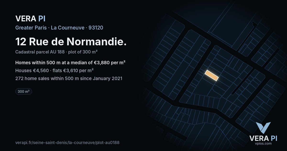 12 Rue de Normandie, La Courneuve at night – the plot lit, the parcels around coloured by the prices near them